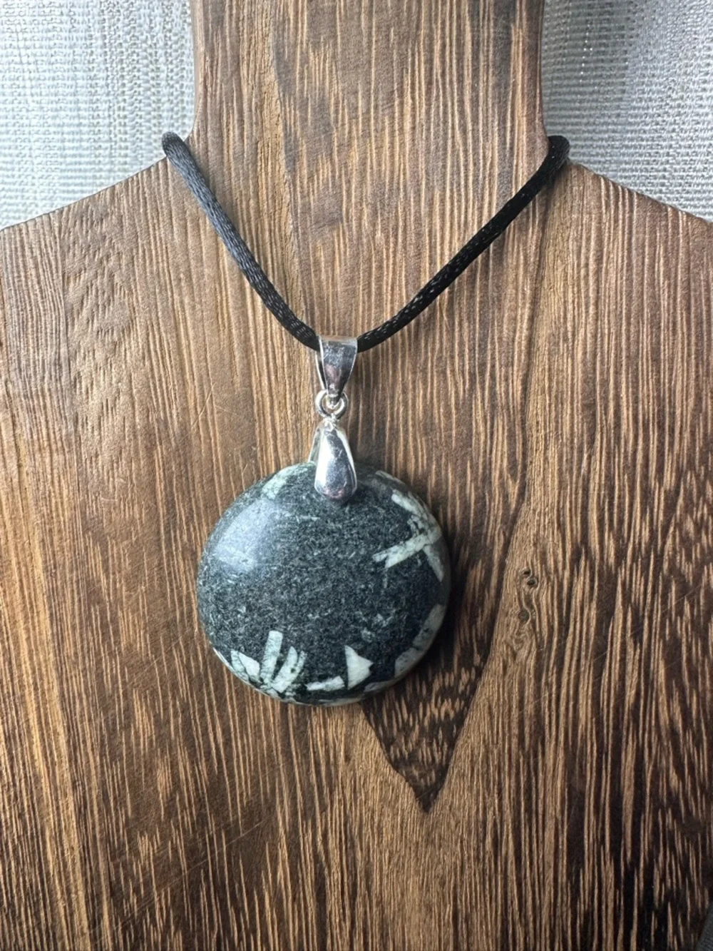 Round Chinese Writing Stone Pendant Necklace on Black Rope, Sterling Silver